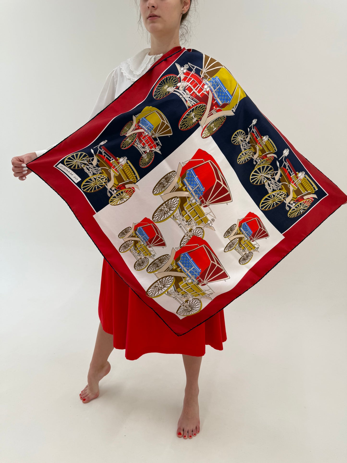 Eșarfă XL din mătase naturală cu print în stil Hermes ecvestru