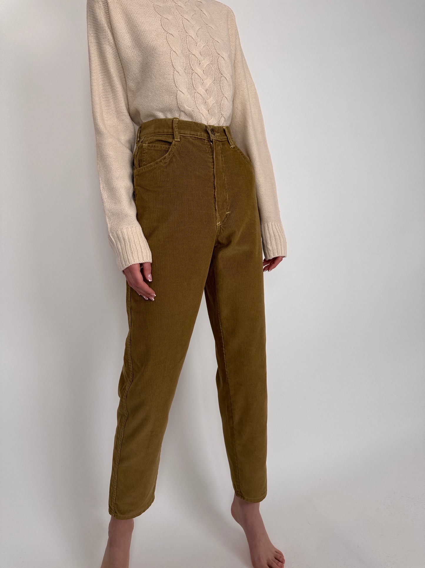 Pantaloni tall camel din catifea de bumbac cu talie ultra înaltă marcată
