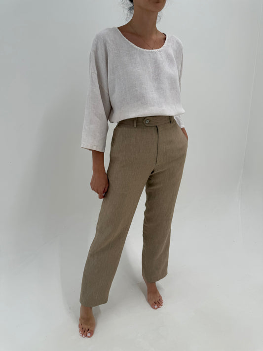 Pantaloni camel tall din pânză de in excepțională în croi drept