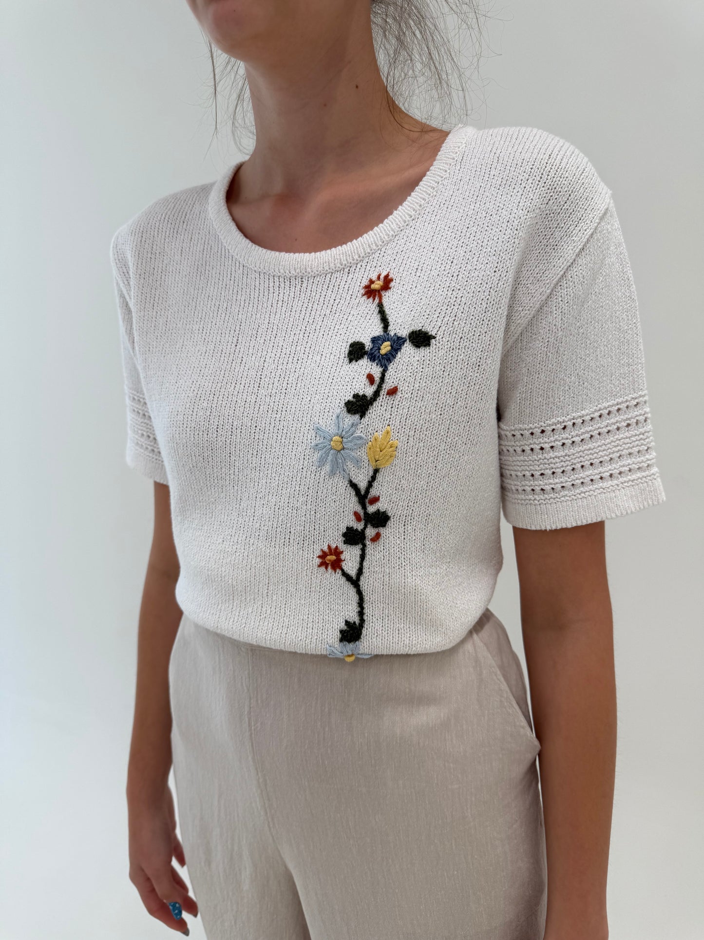 Top vintage soft knit de vară cu broderie manuală din bumbac