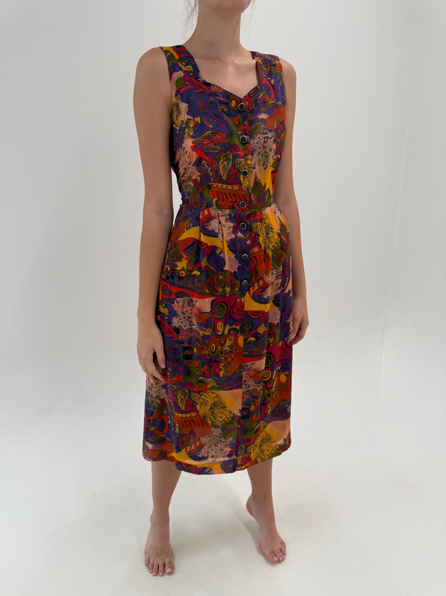 Rochie vintage în culori superbe din pânză de bumbac cu talie marcată