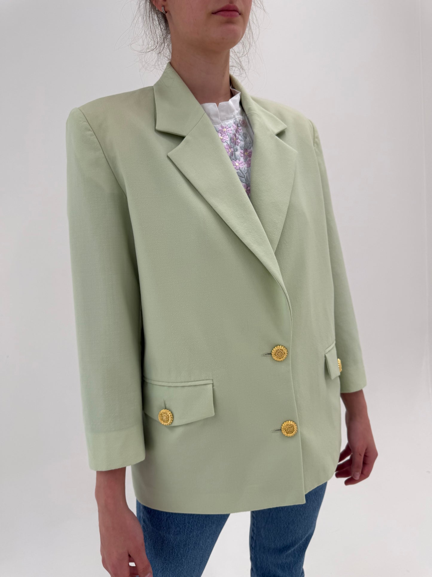 Sacou verde pudră petite italian cu nasturi aurii din stofita lightweight