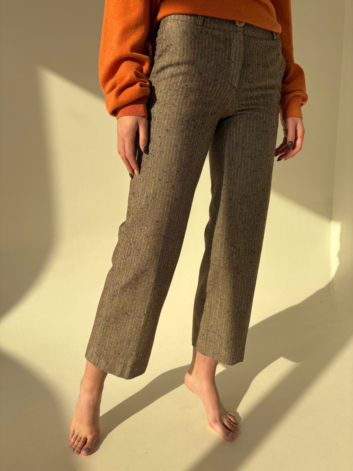 Pantaloni petite spre palazzo din lana extrafina chevron cu inserții colorate