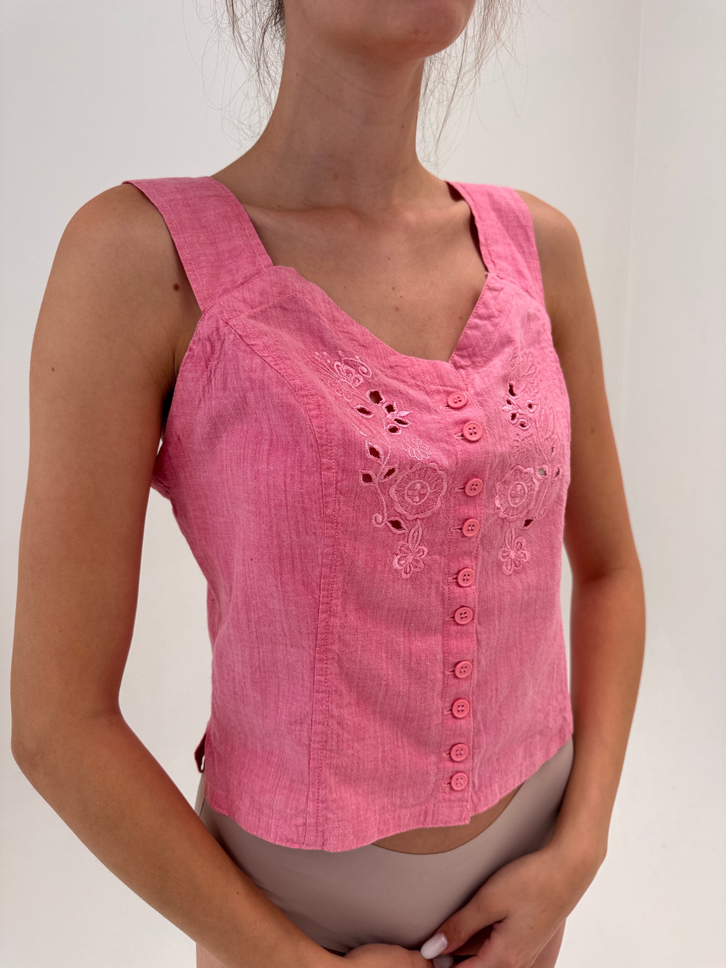 Corsaj vintage cu broderie anglaise Barbie pink din pânză premium de bumbac