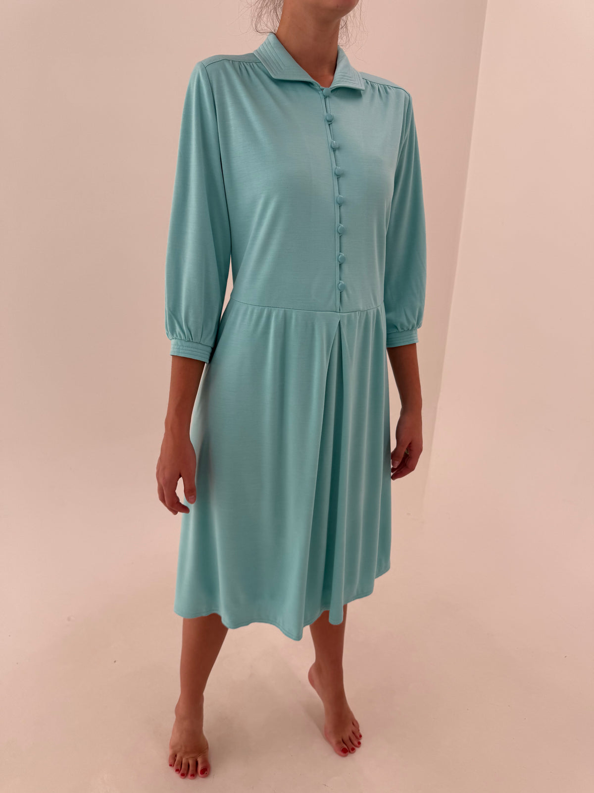 Rochie vintage din tricot extrafin de bumbac gros aqua blue cu talie marcată
