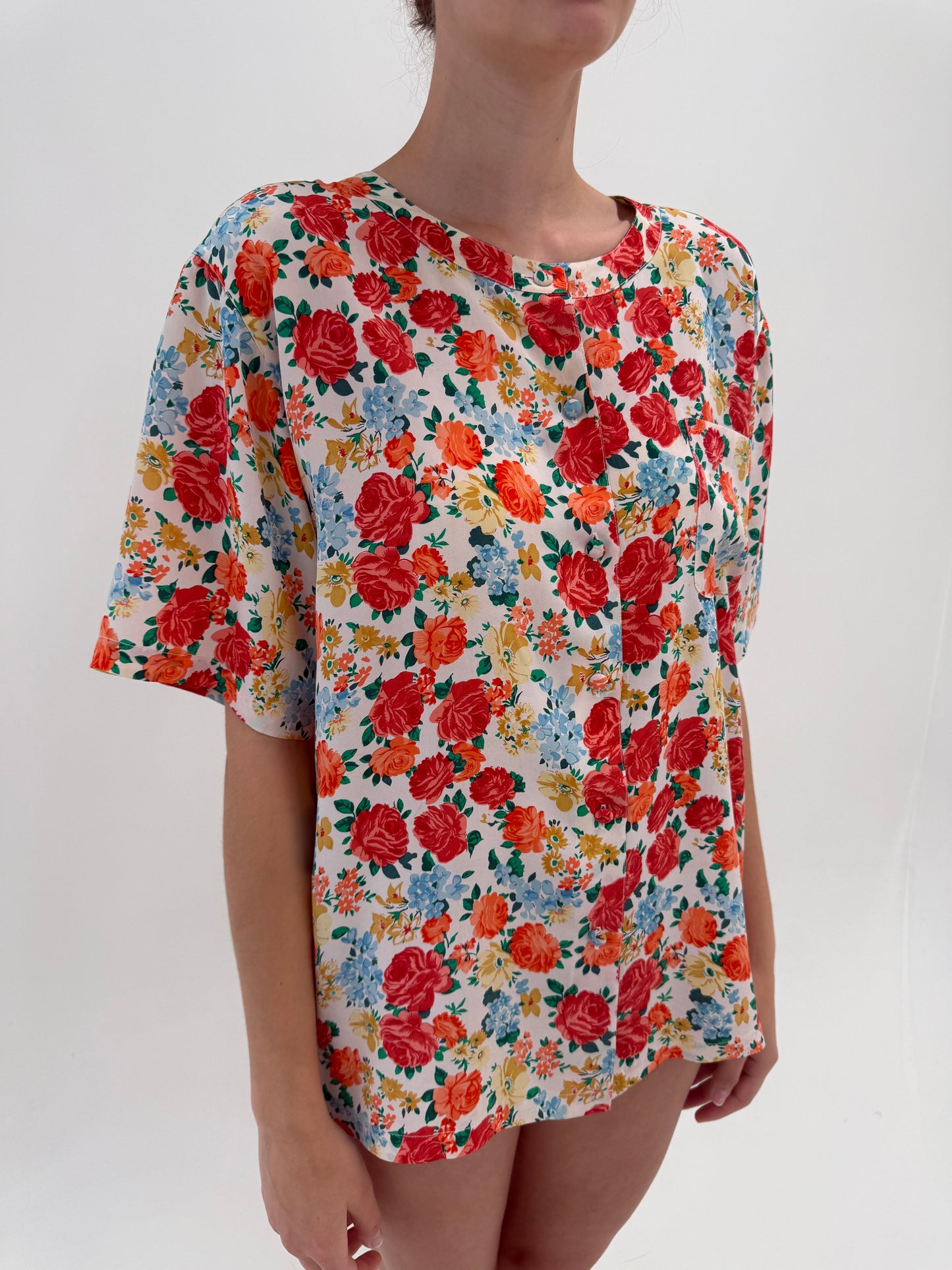 Cămașa vintage Italiana cu print floral din mătase naturală