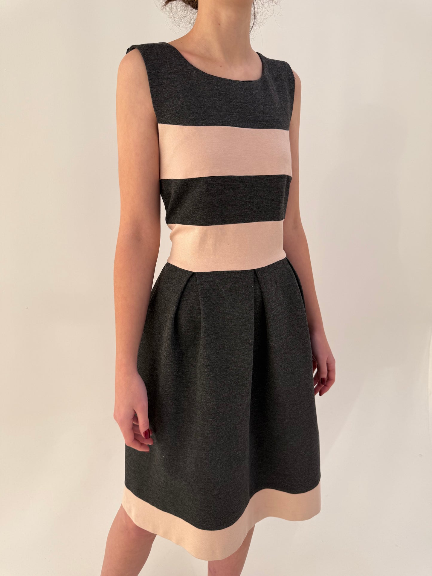 Rochie colorblock cu talie ultra marcată in dungi powder pink