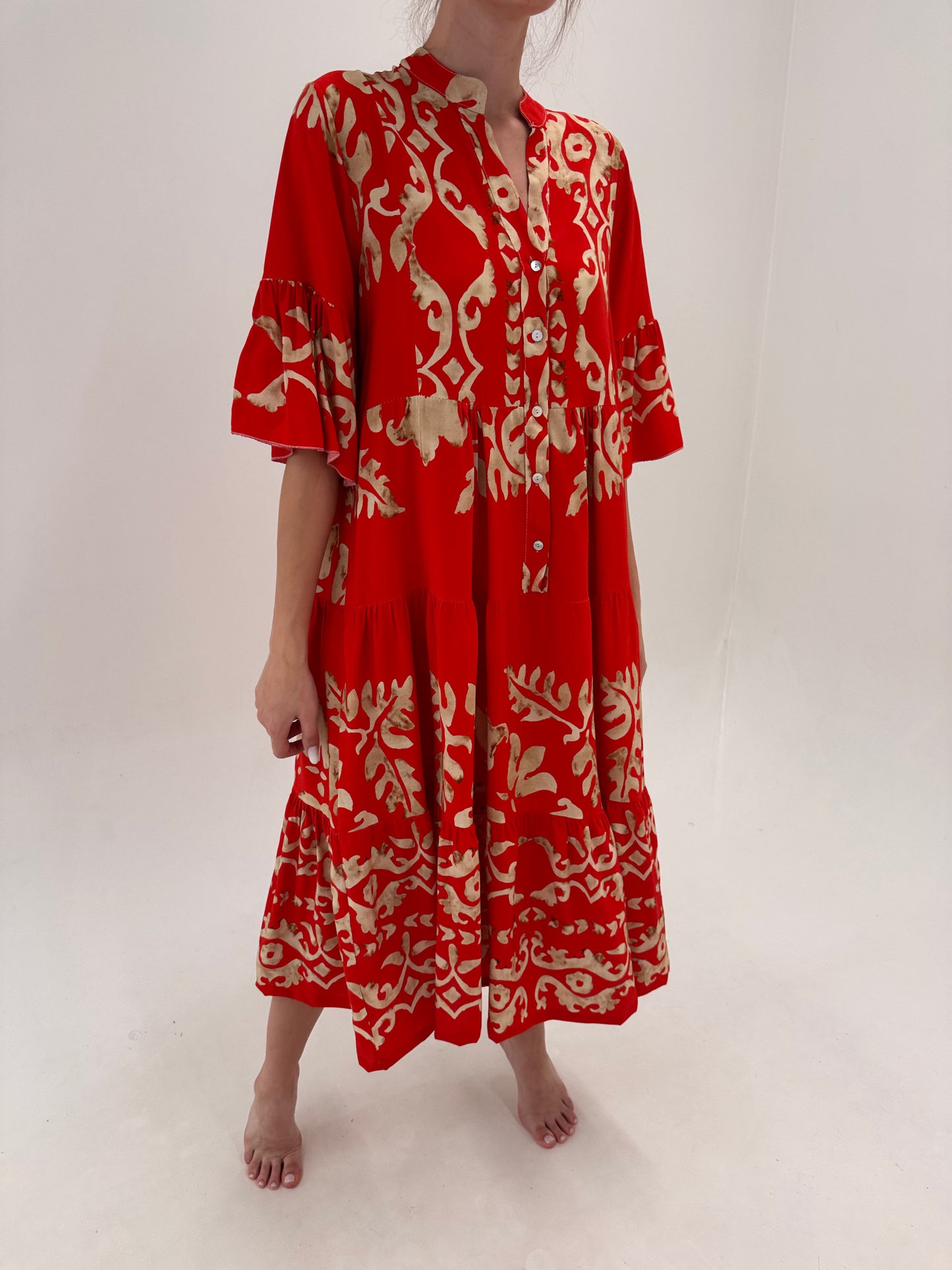 Rochie maxi tip kaftan cu print camel în croi lejer super vaporoasă