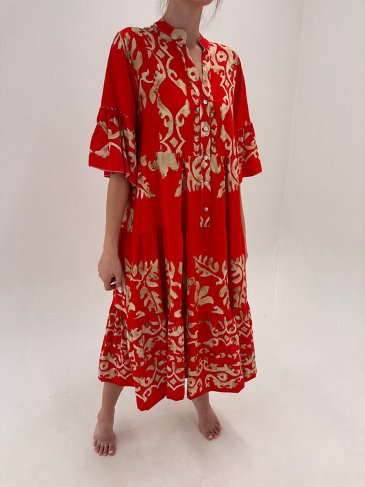 Rochie maxi tip kaftan cu print camel în croi lejer super vaporoasă