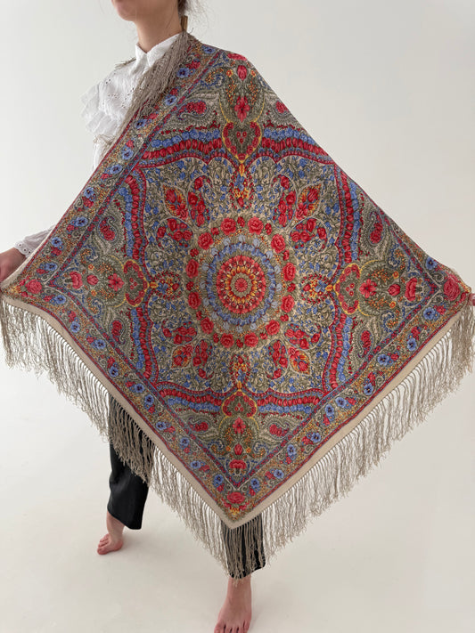 Eșarfă XL din mătase naturală light nude cu print paisley