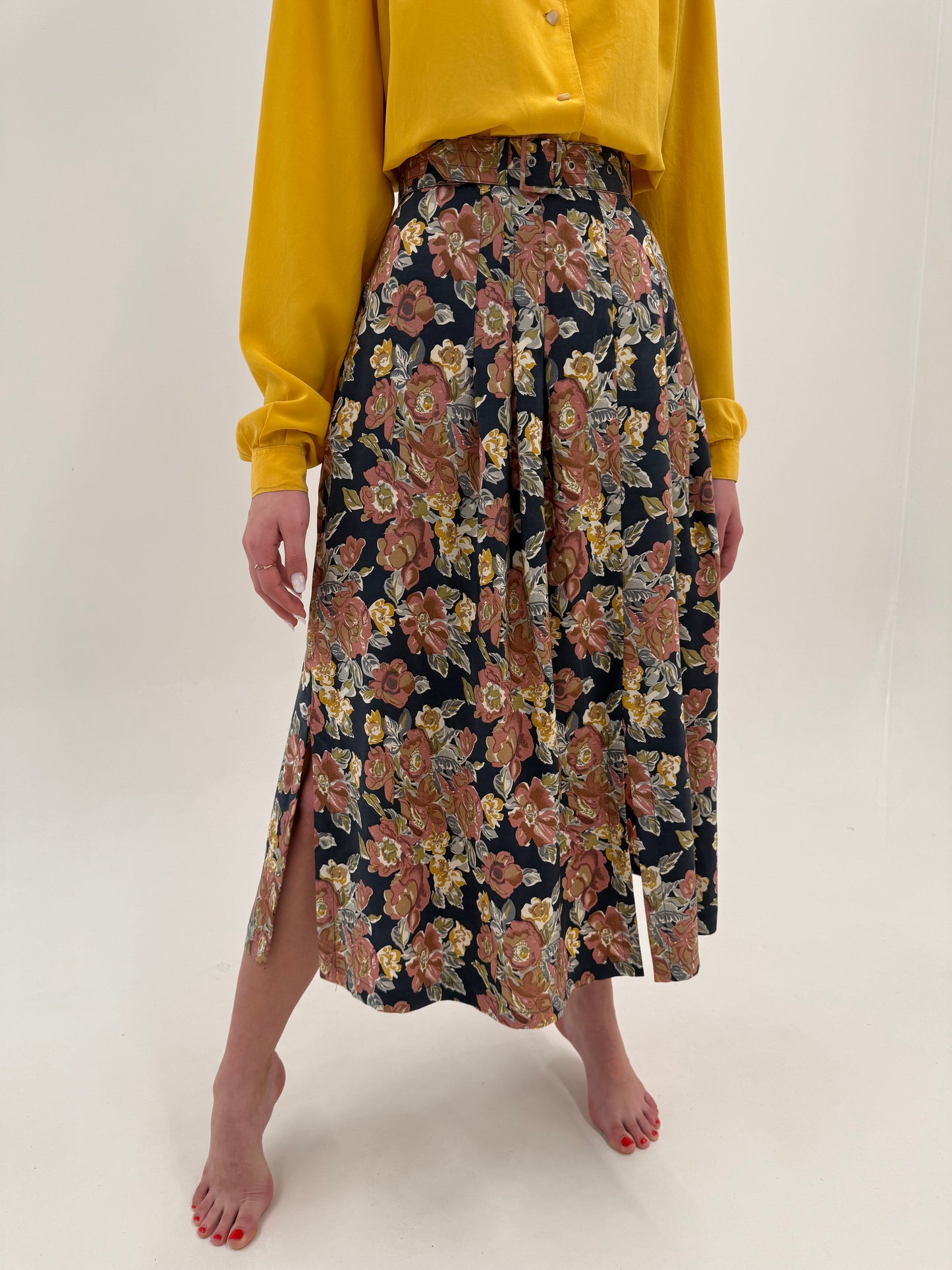 Fustă maxi din mătase naturală cu print floral și buzunare