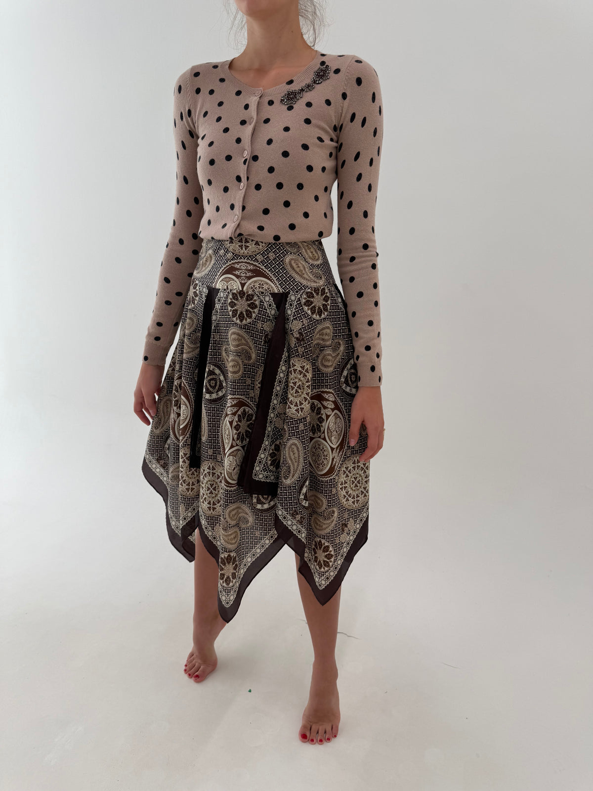 Fustă excepțională din twill de mătase naturală chocolate brown cu print camel