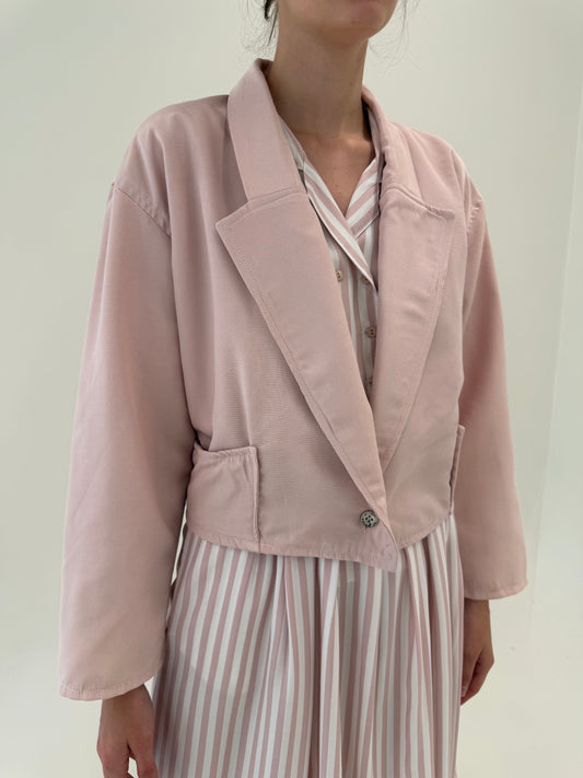 Sacou vintage powder pink petite din twill de vară cu revere late în croi scurt