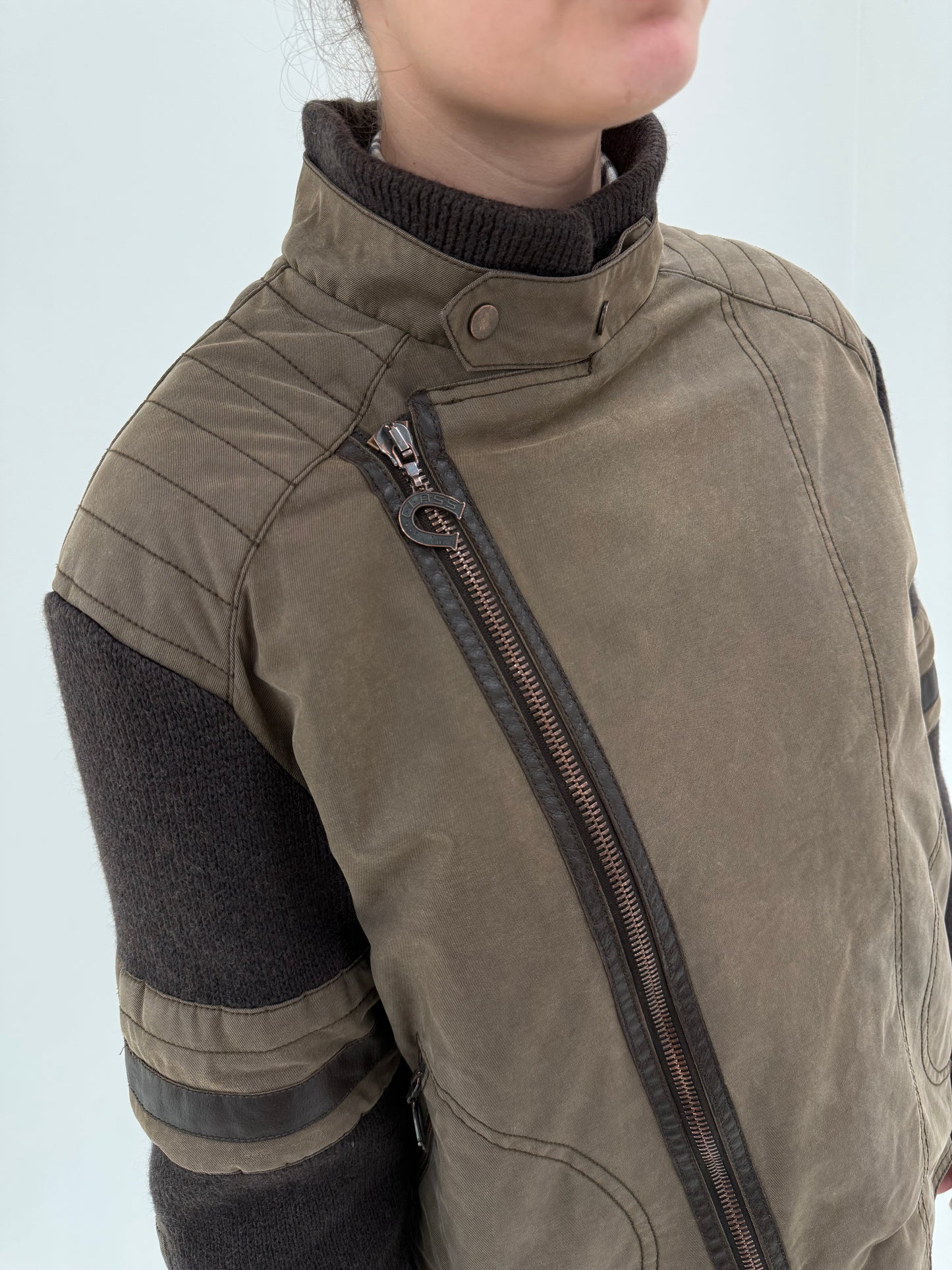 Bomber jacket vintage Roberto Cavalli tall din piele, bumbac și mâneci din lana