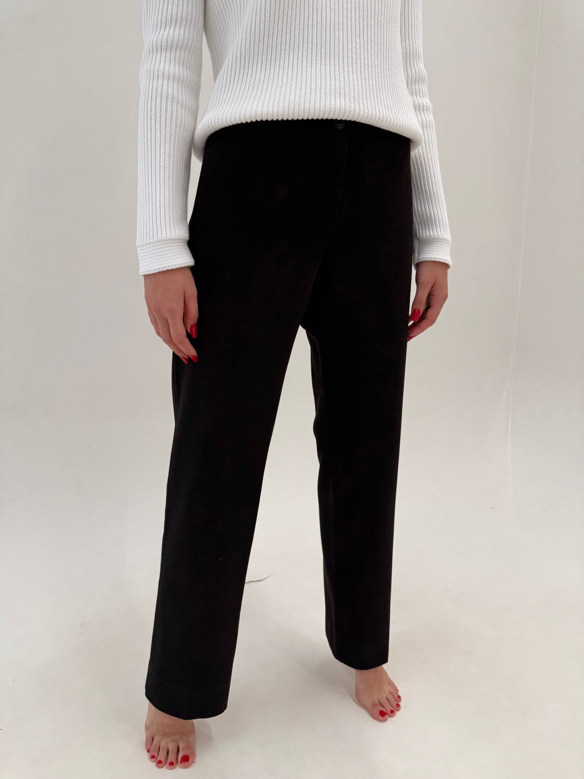 Pantaloni negri Max Mara tall din twill gros de bumbac modelatir în croi drept