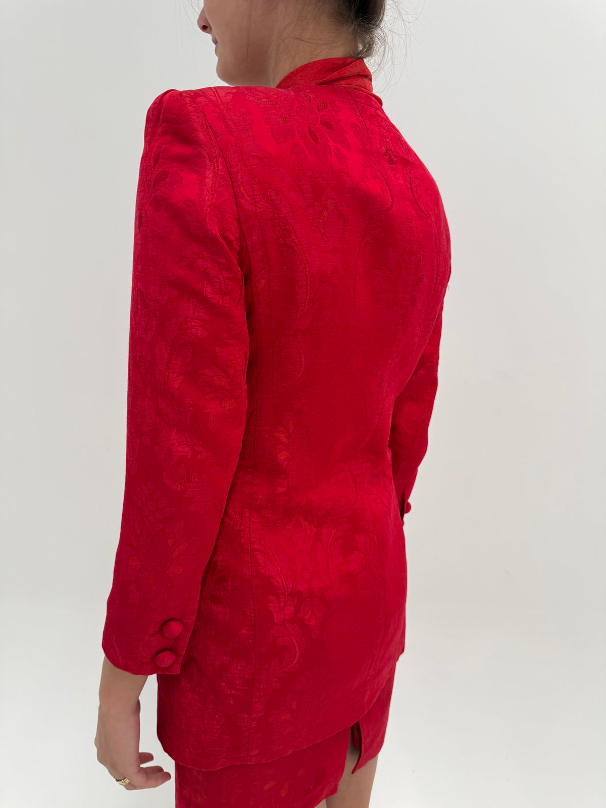 Costum vintage de brand super premium Rena Lange din brocart de mătase naturală