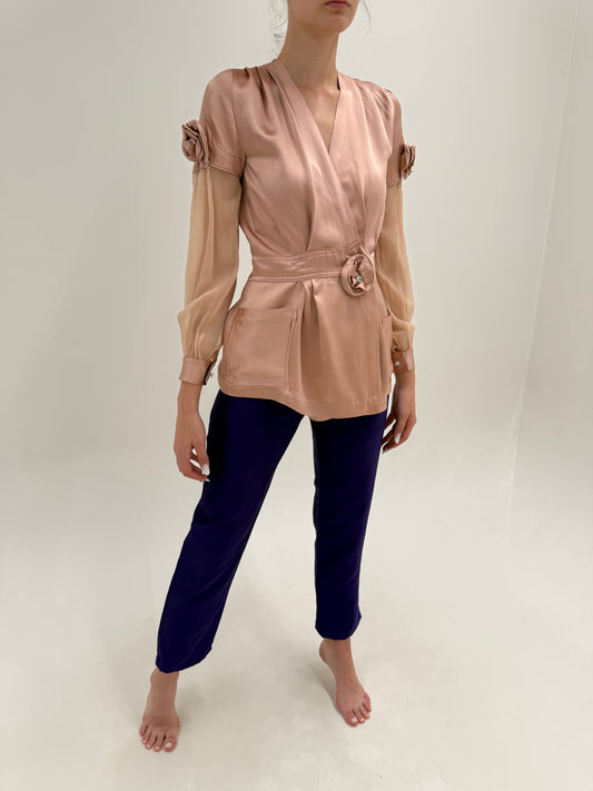 Pantaloni indigo purple tigareta din mătase naturală dupioni de la zi la seară