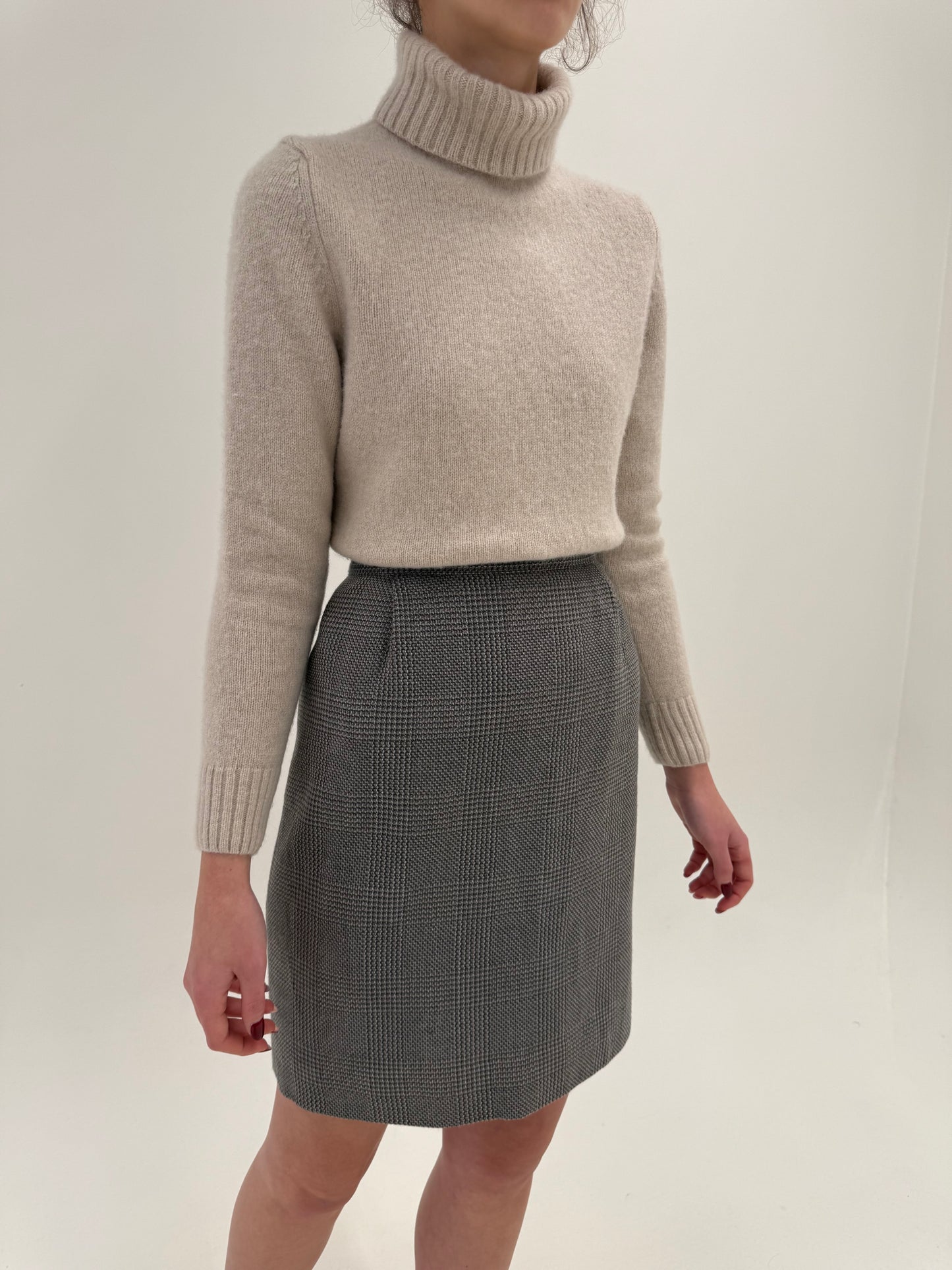 Fustă cu talie ultra înaltă din tweed superb de lana extrafina în nuanțe neutre