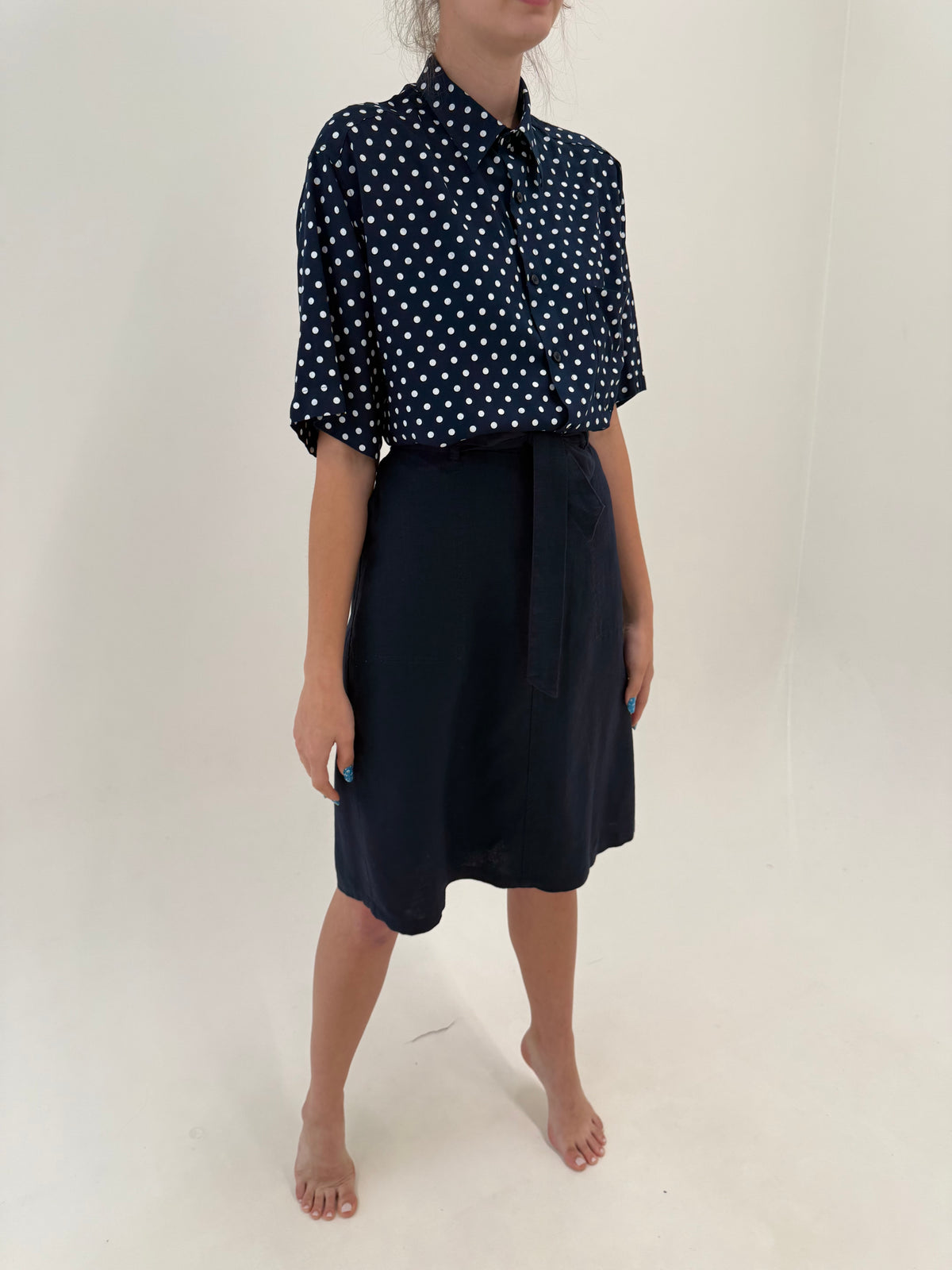 Fustă Navy din in premium în croi minimalist reglabilă cu cordon