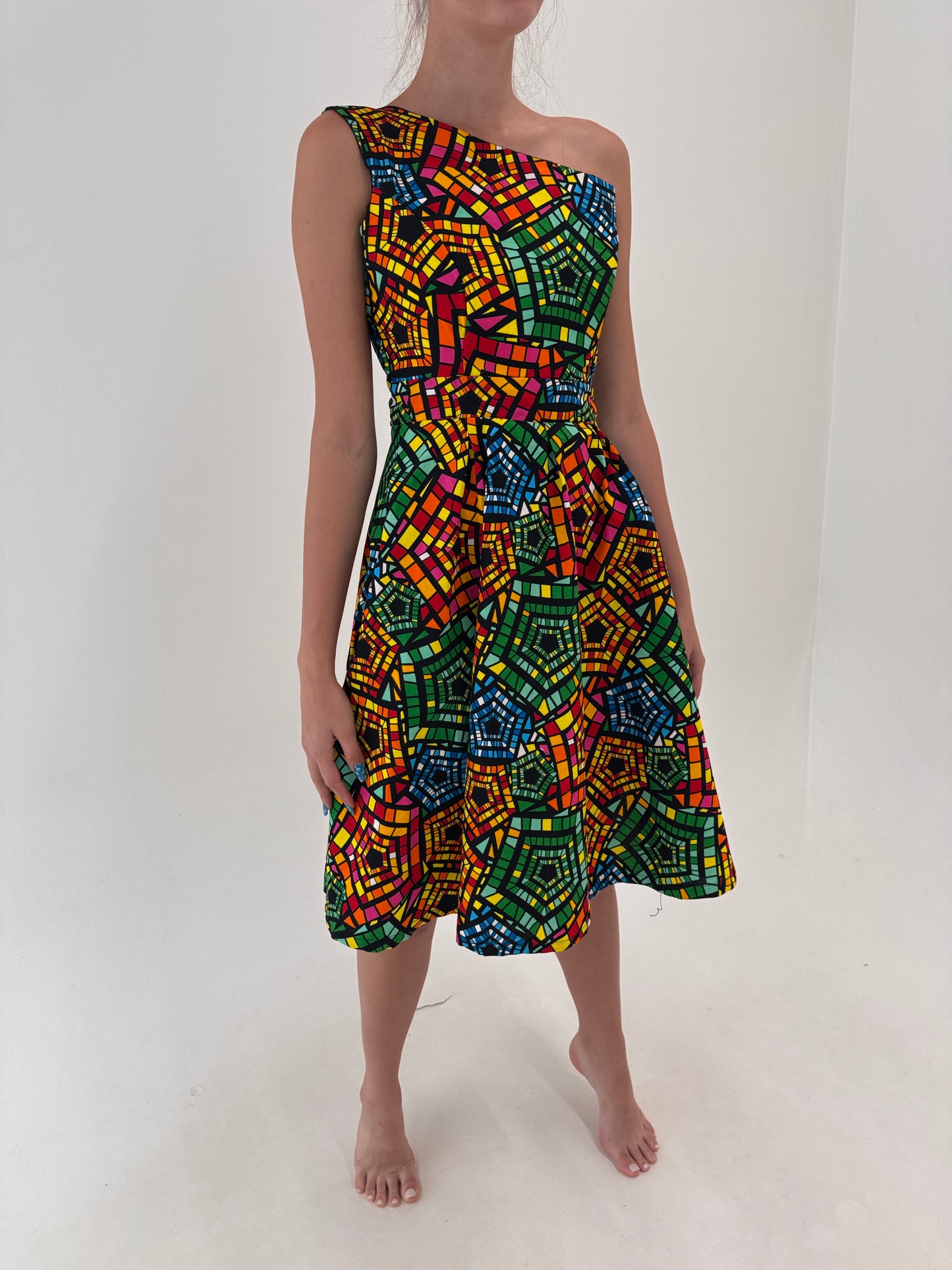 Rochie cu corsaj din canvas de bumbac cu print manual în culori tari