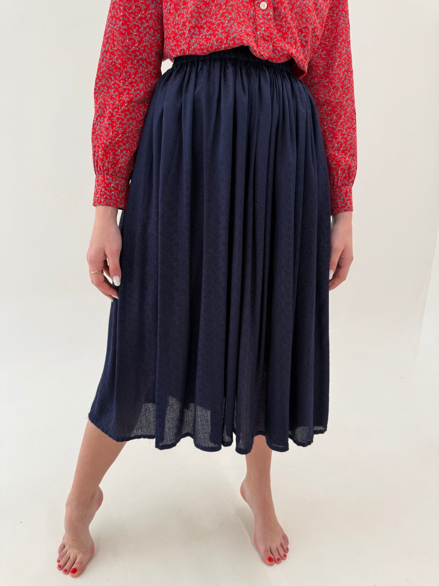 Fustă vintage cu talie uktra înaltă elastică Navy blue midi lung