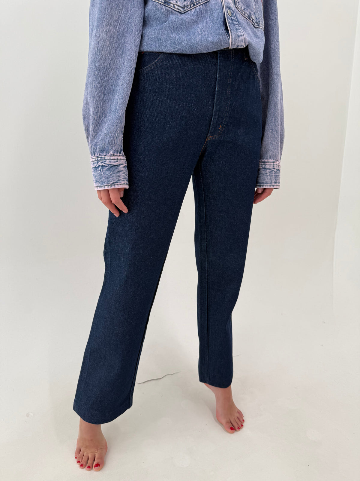 Jeans raw vintage italinesti de brand premium indigo wash ușor evazat tall