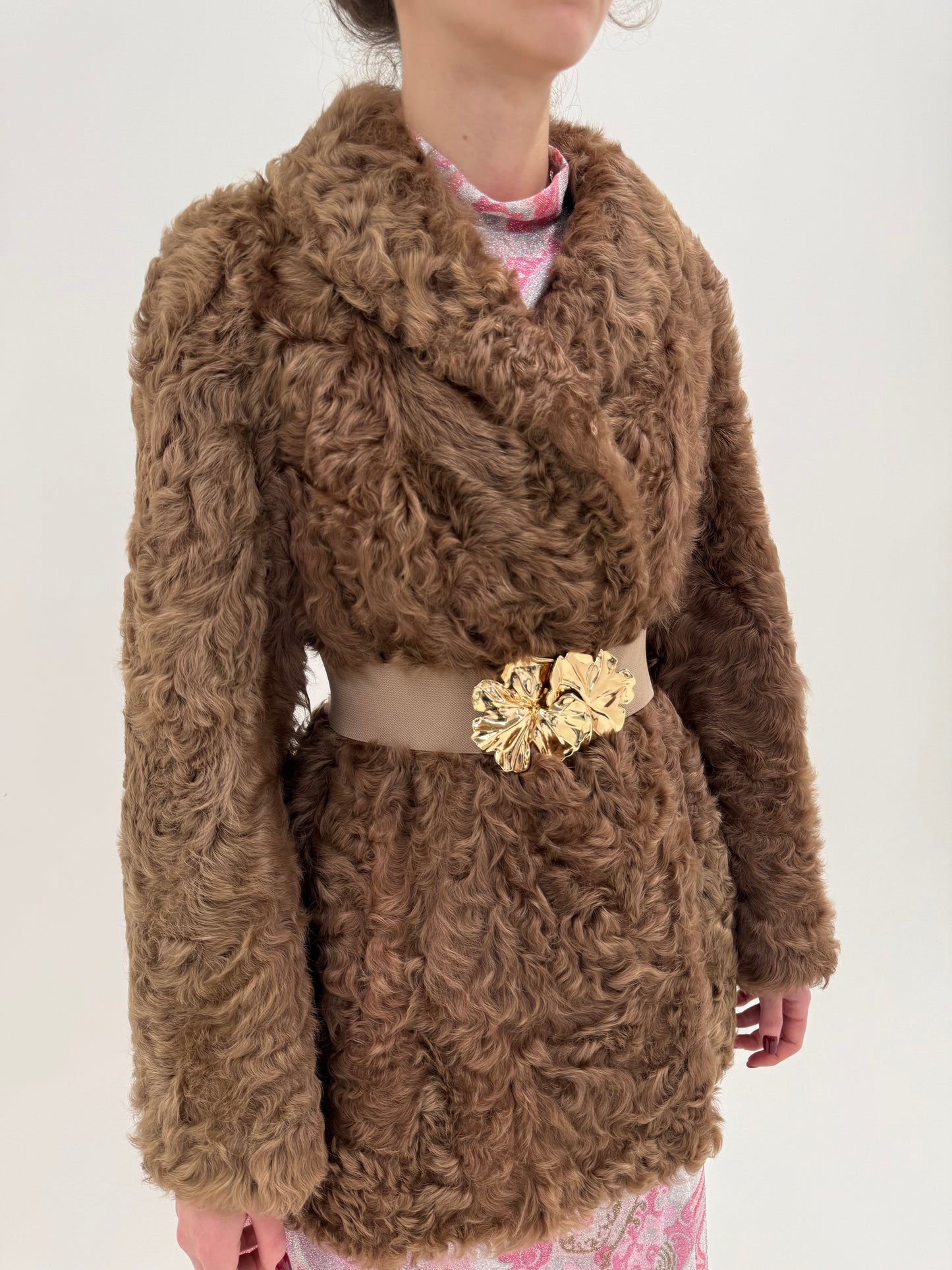 Blană vintage luxury mouton frisé dark camel