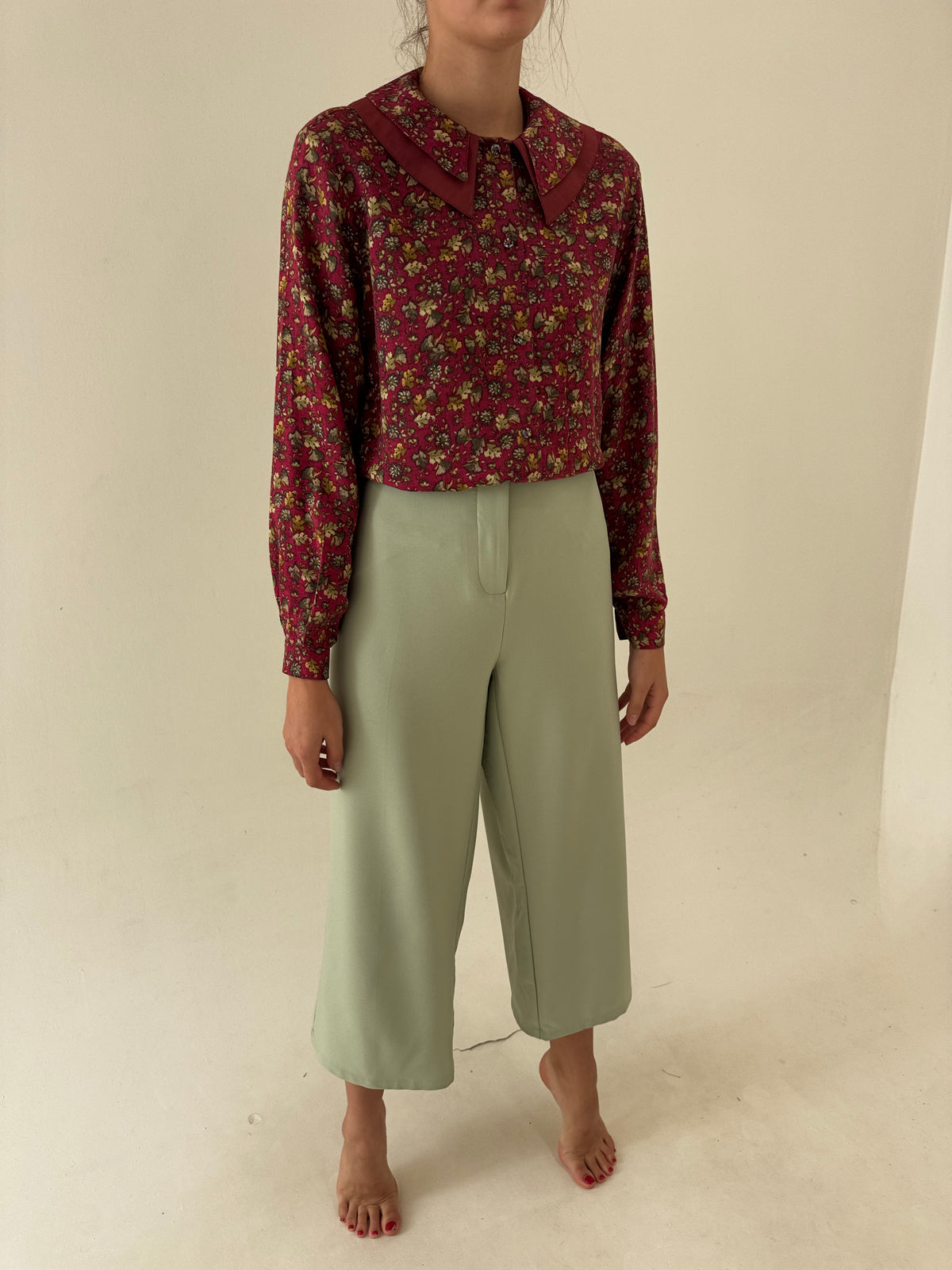 Pantaloni petite light green din twill gros ultra confort de toamnă cu talie înaltă