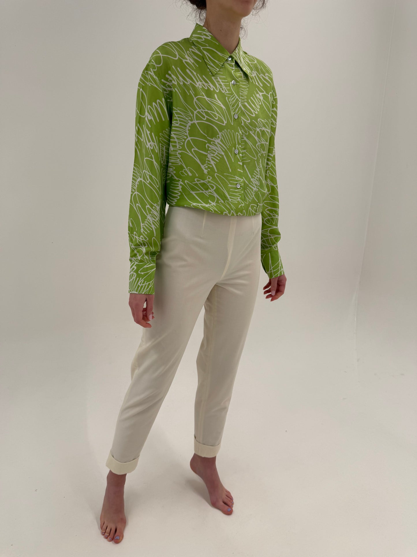 Pantaloni off white tigareta cu talie ultra înaltă tall din lana extrafina