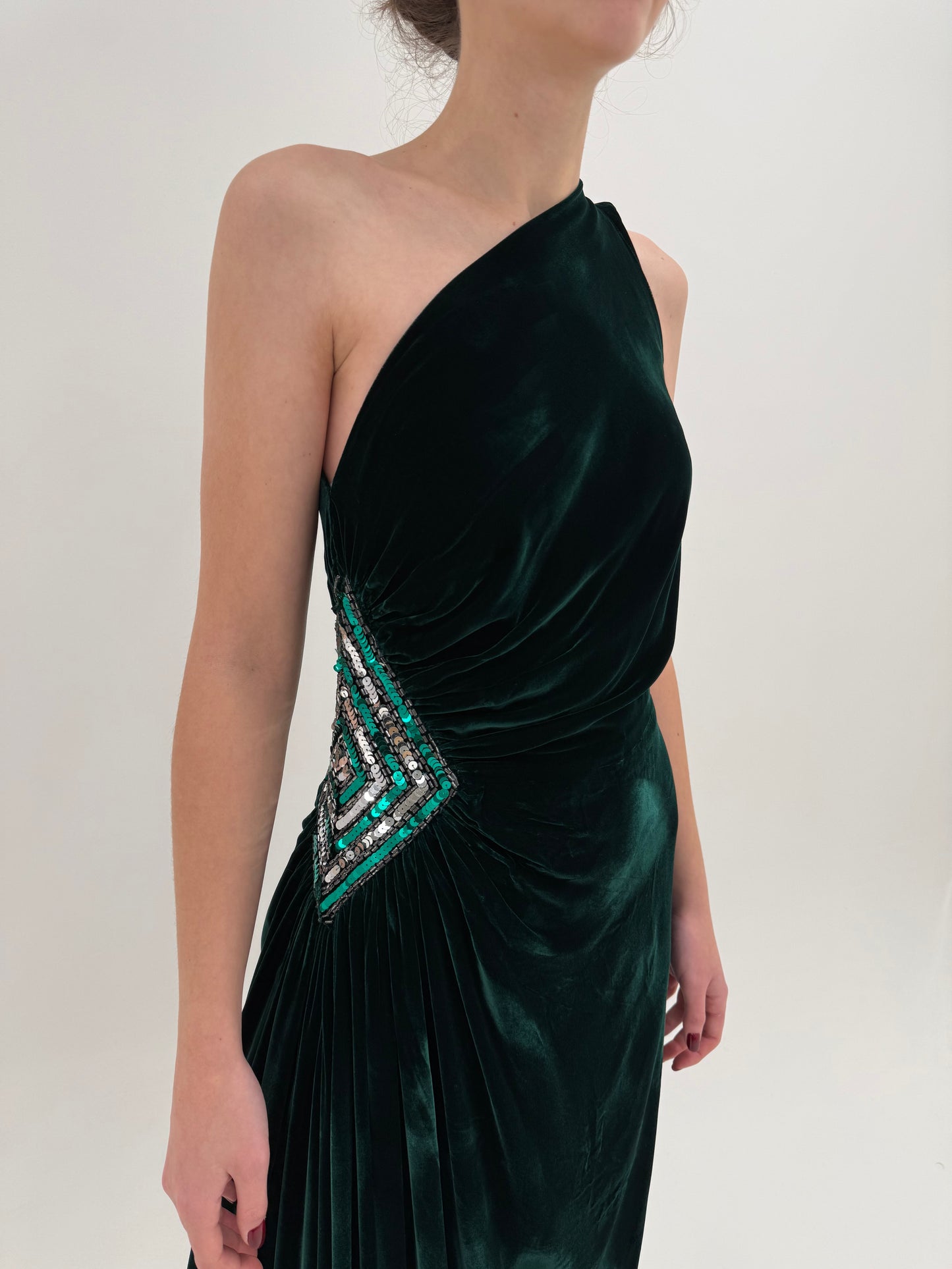 Rochie Old vintage couture de designer sfârșit de ani 70 din catifea de mătase naturală