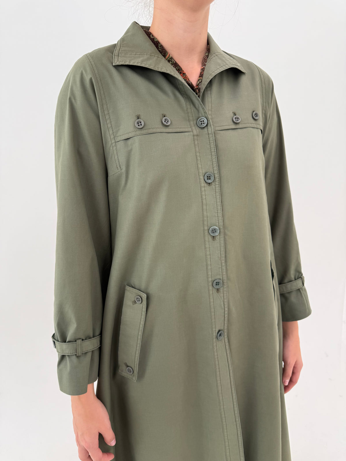Trench vintage petite dark green cu interior din lana din gabardină impermeabilă