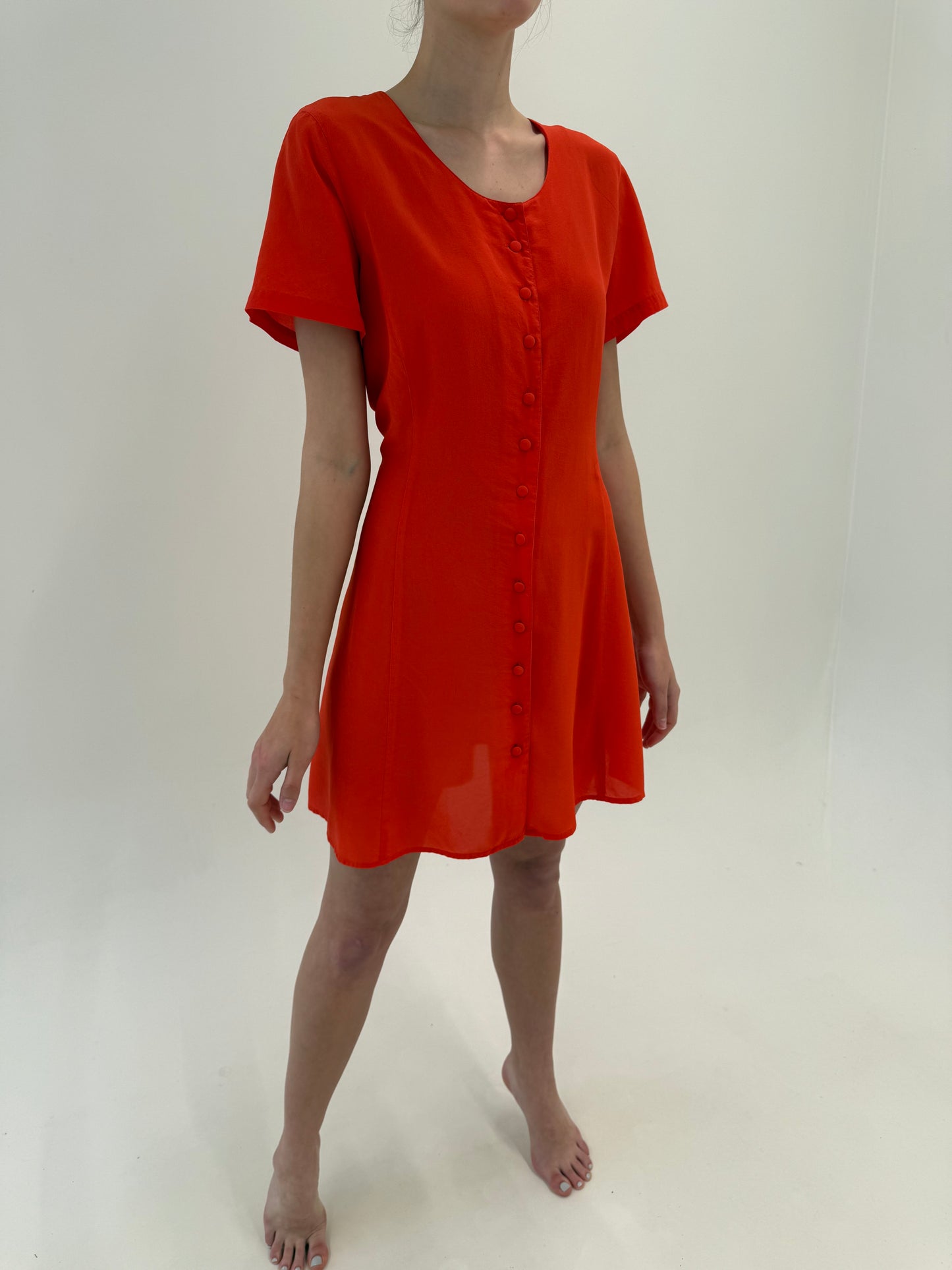 Rochie vintage din mătase naturală electric coral red în croi ușor cambrat