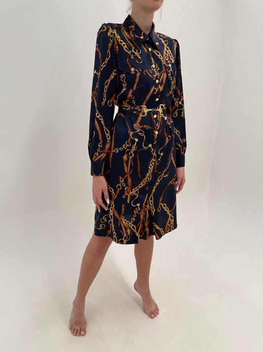 Rochie luxury Luisa Spagnoli din twill de mătase naturală cu print baroc și centura proprie