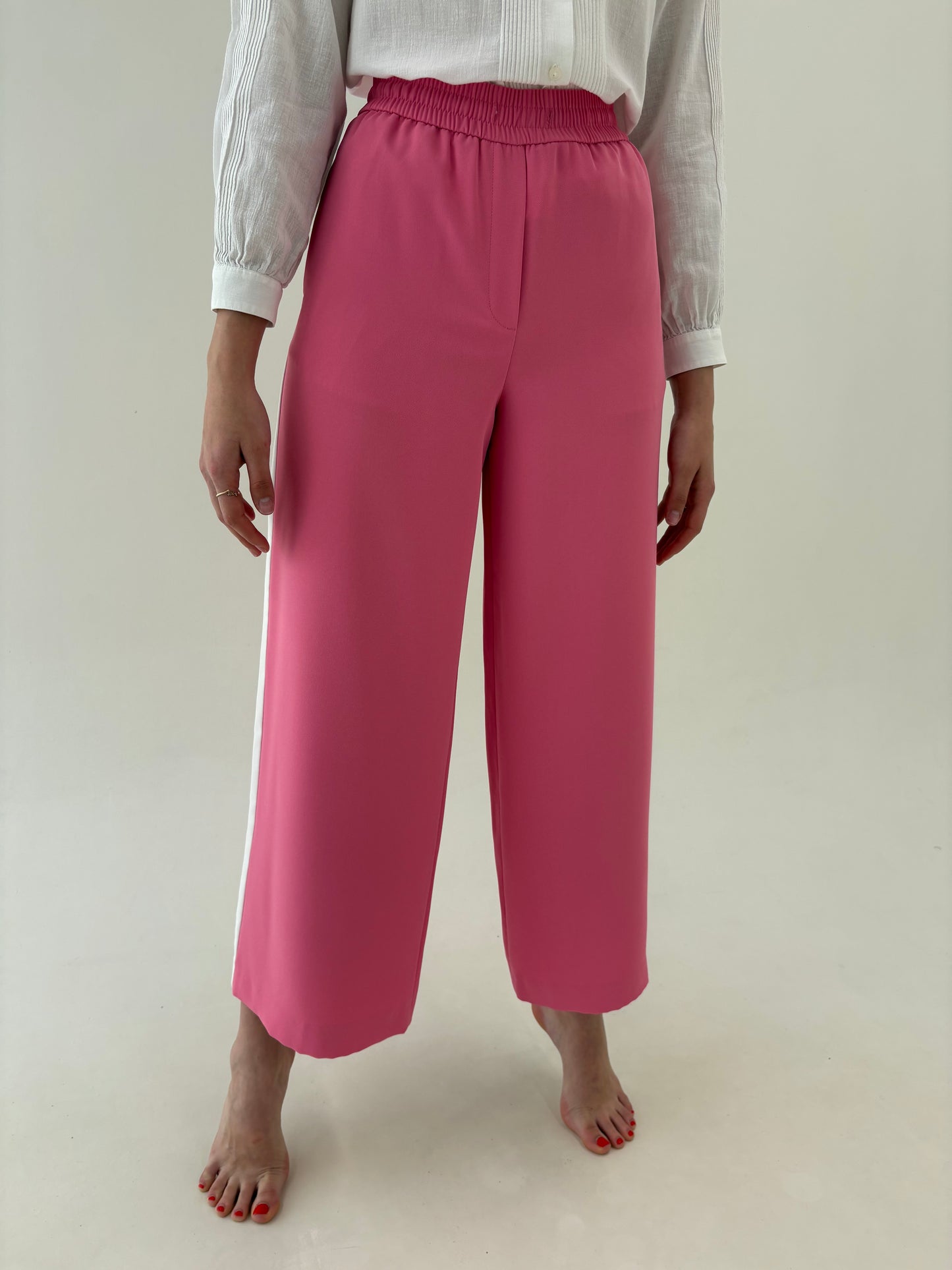 Pantaloni palazzo Barbie pink cu talie ultra înaltă elastică din crep cu cădere superbă