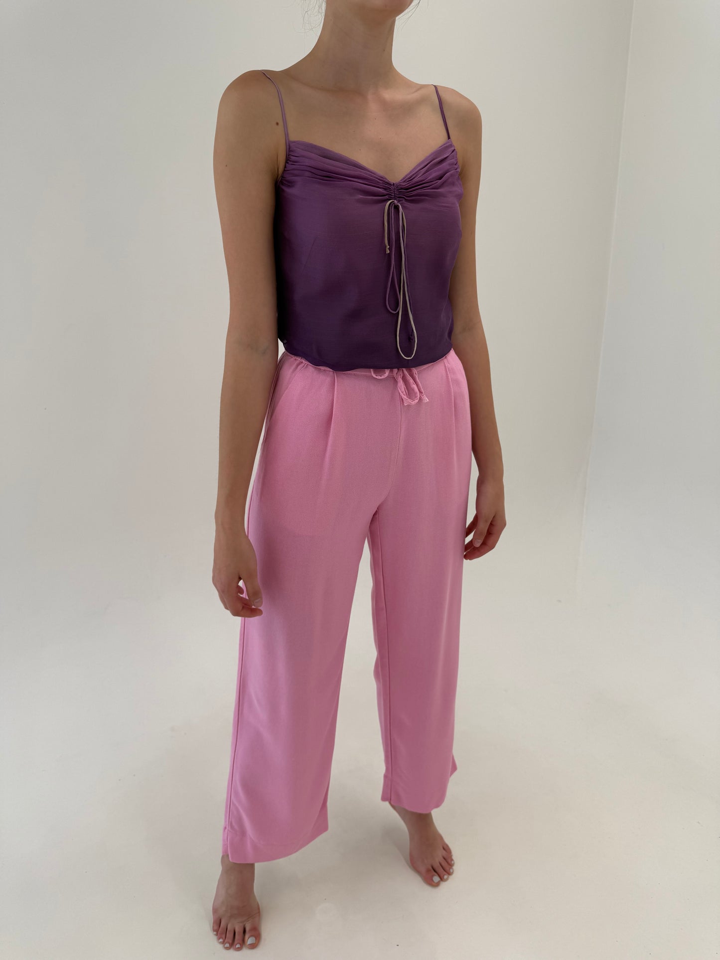 Pantaloni palazzo din pânză de in cu talie ultra înaltă elastică