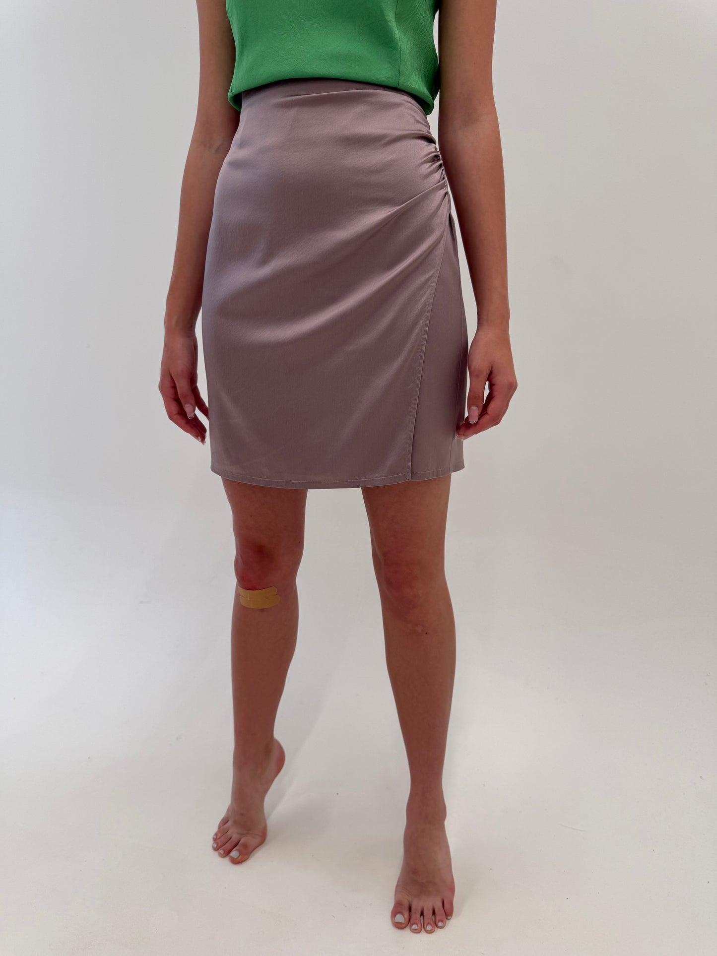 Fustă luxury dusty pink din mătase naturală satinata cu talie fronsata