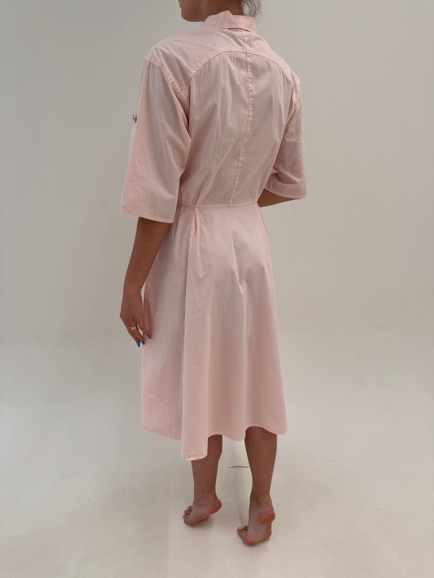 Rochie vintage powder Pink in croi retro modern de ani 50 din poplin premium de bumbac