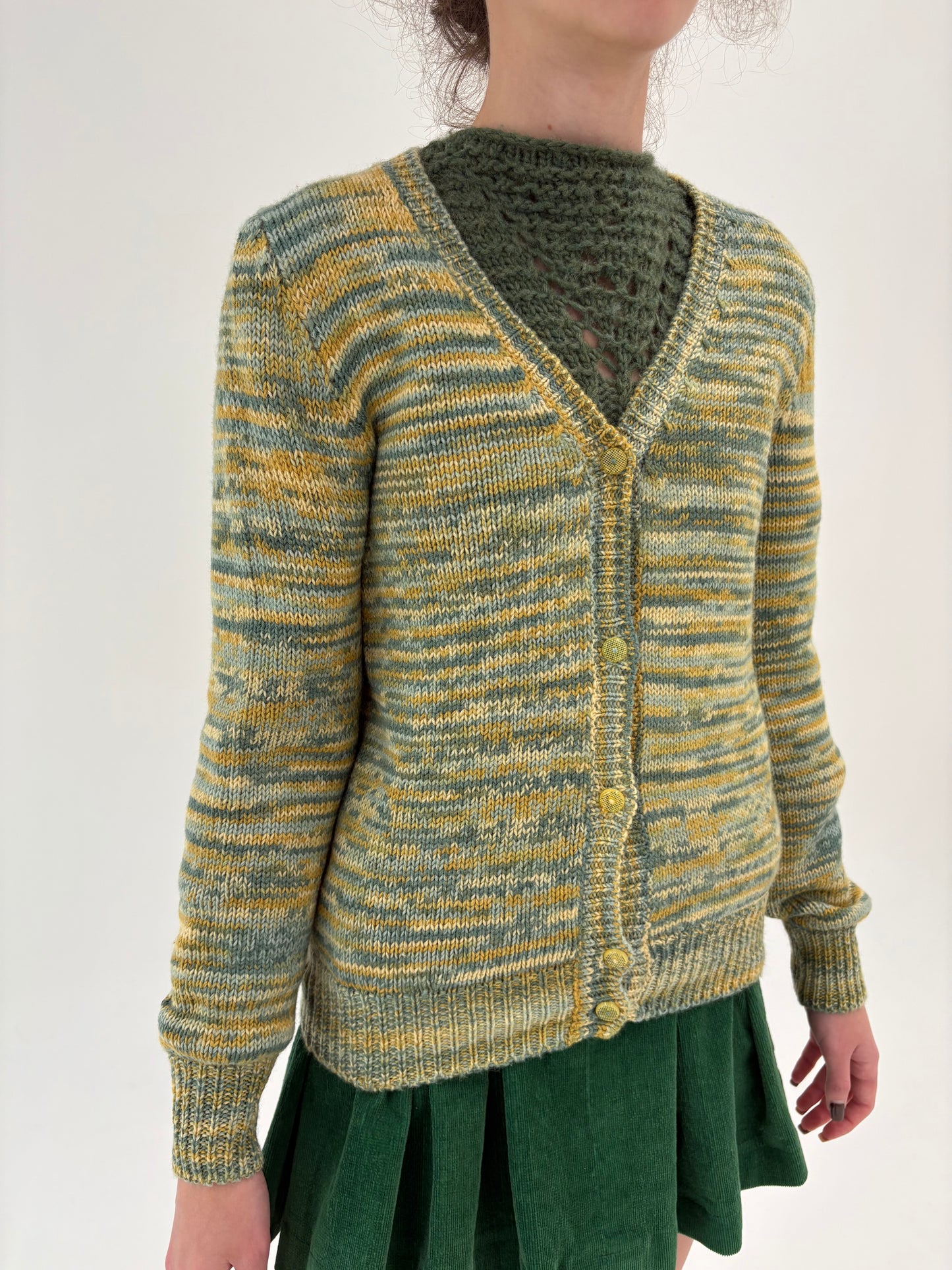 Cardigan vintage gros lucrat manual in nuanțe de verde din lana extrafina