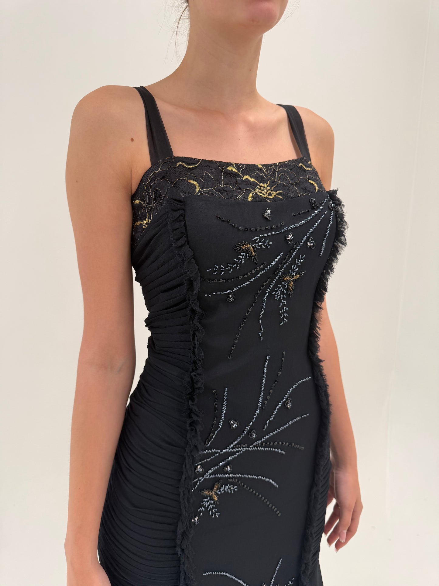 LBD vintage couture mermaid din mătase naturală cu aplicații manuale