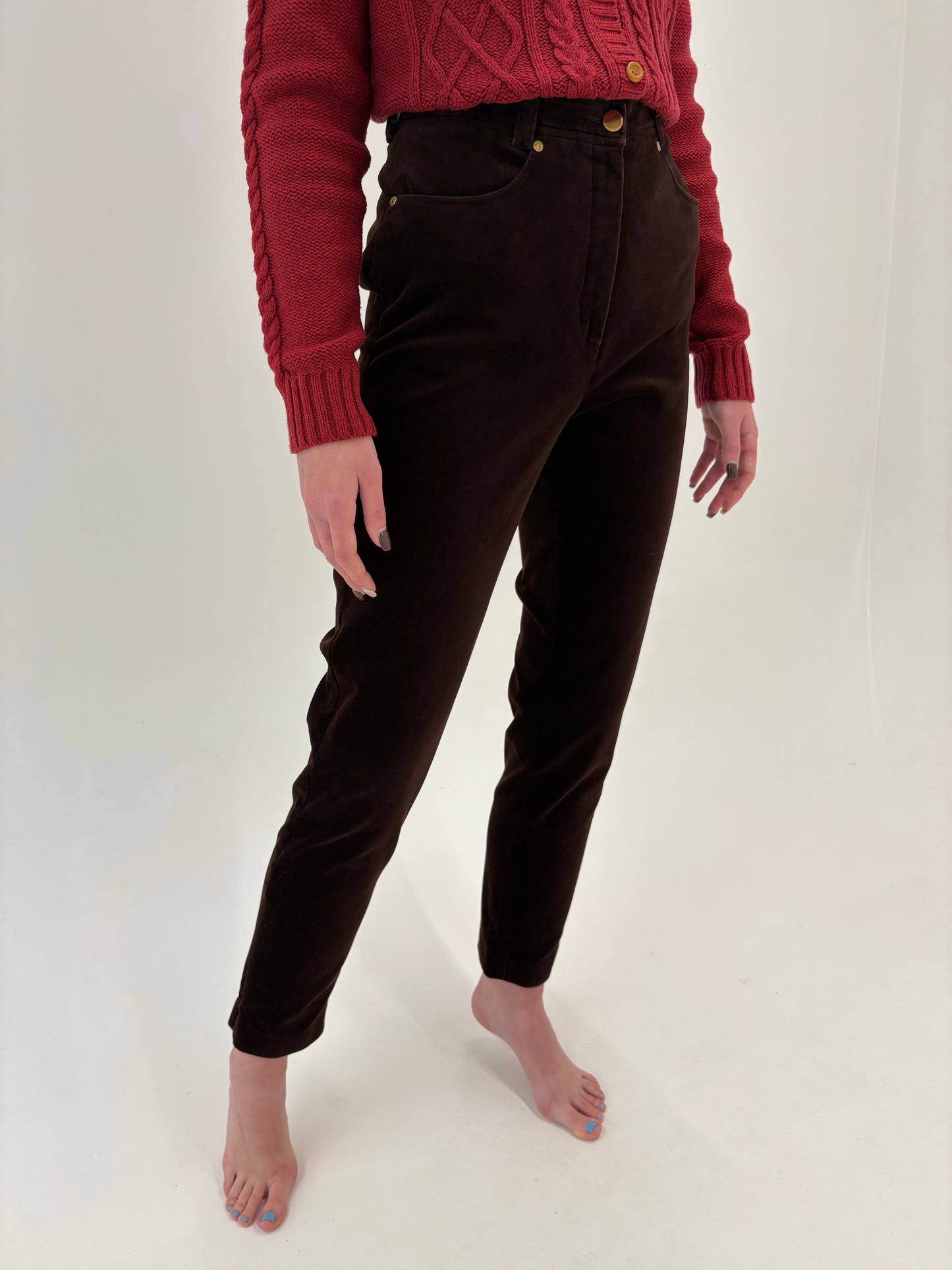 Pantaloni confort chocolate brown  din catifea modelatoare cu talie înaltă