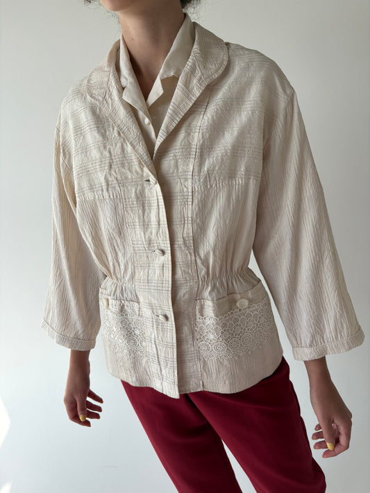 Sacou vintage butter white din mătase naturală dupioni cu talie marcată