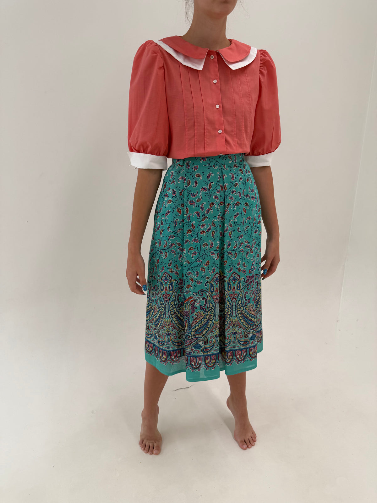 Fustă vintage superbă aqua blue din panzica fină cu print organic midi