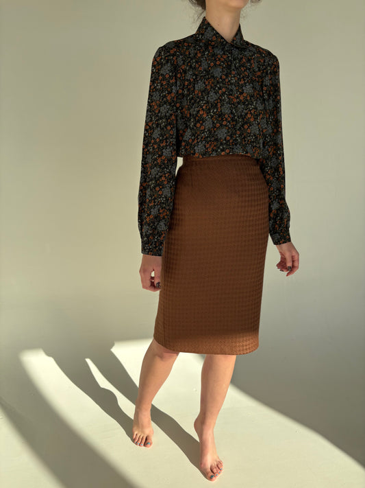 Fustă caramel brown din tweed excepțional de lana cu talie ultra înaltă