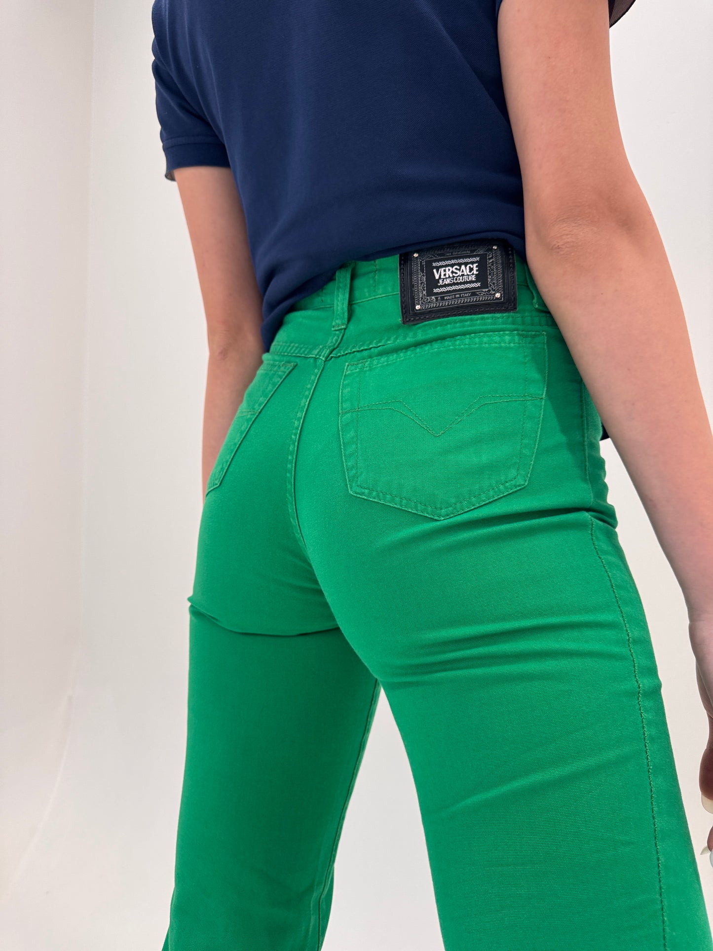 Pantaloni vintage Versace din pânză cu talie ultra înaltă electric green