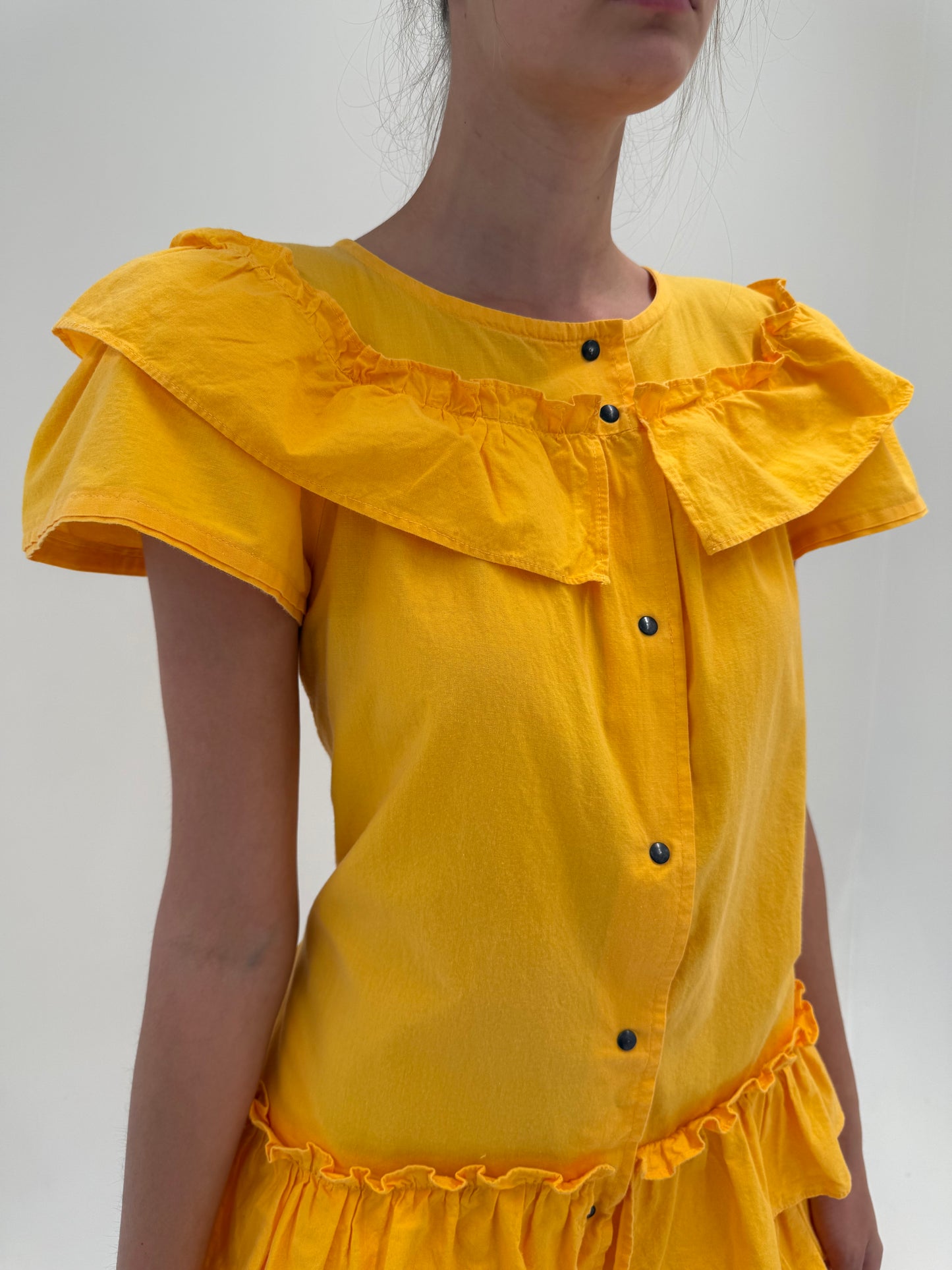Rochie vintage de designer saffron yellow cu volane vin poplin de bumbac