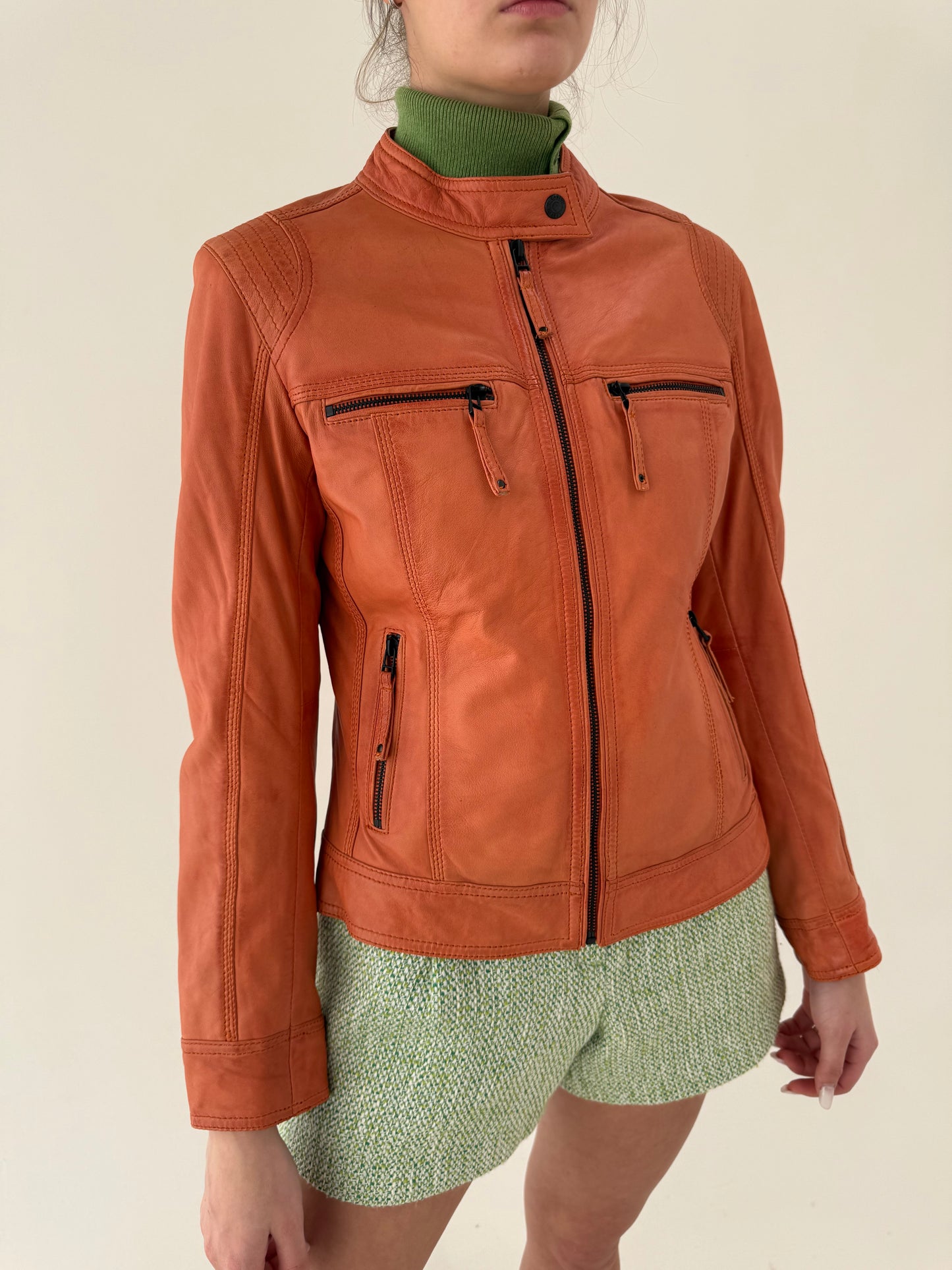 Jacheta biker din piele naturală mănușă pumkin orange