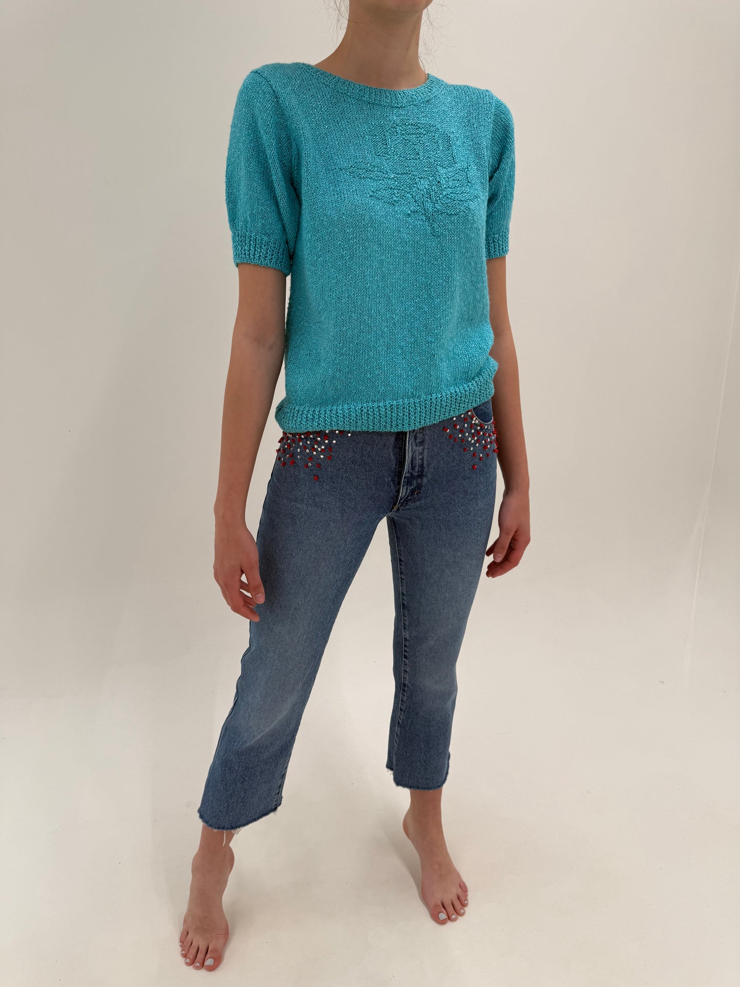 Jeans vintage petite Blumarine de vară cu aplicații în croi super revenit în trend