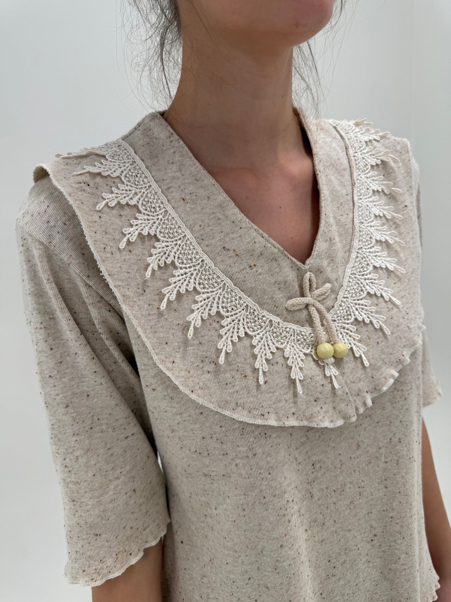 Set nude cu inserție de dantelă macrame din jerse ribbed structurat de bumbac