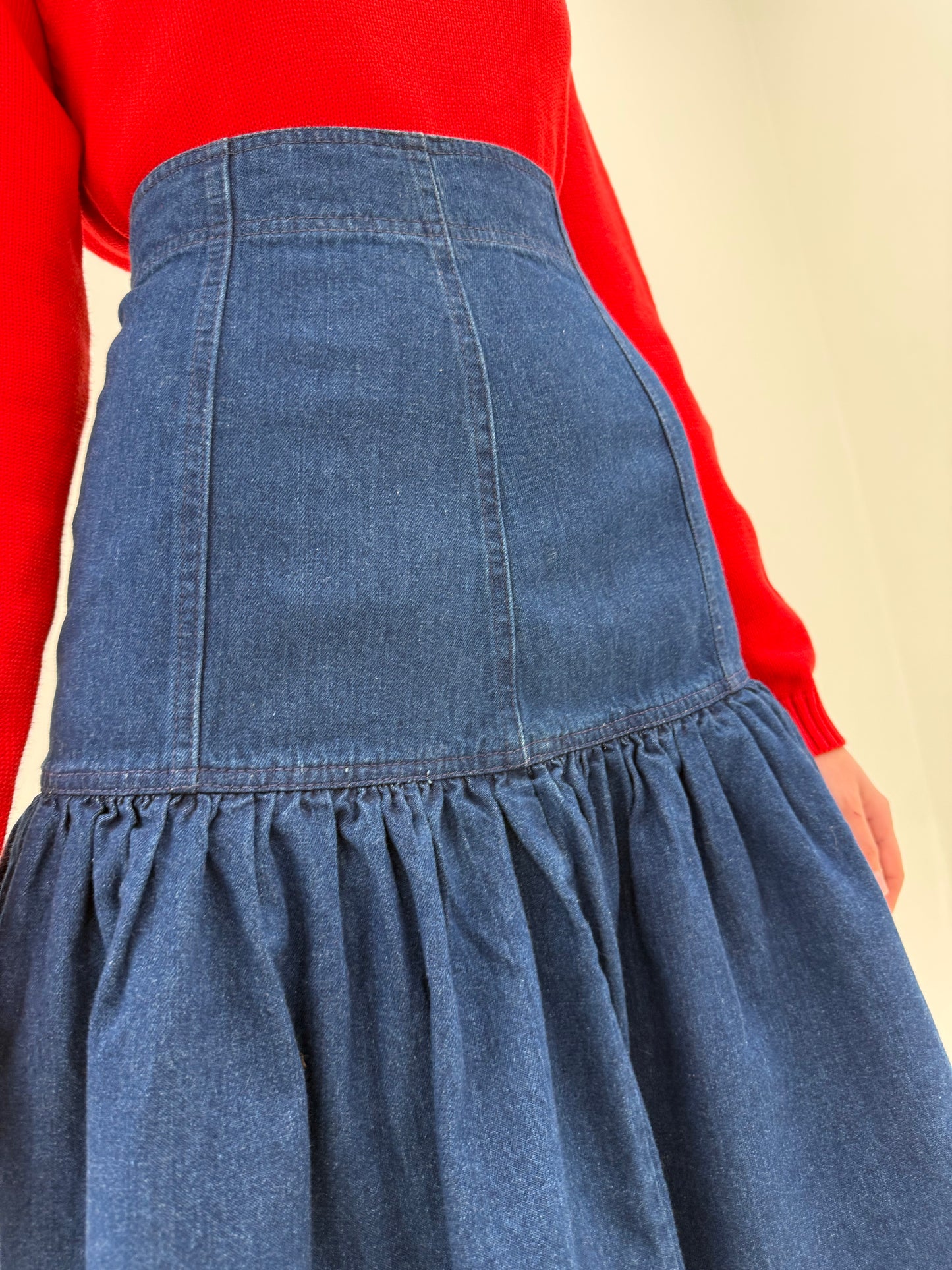 Fustă vintage maxi de designer din jeans în croi spectaculos