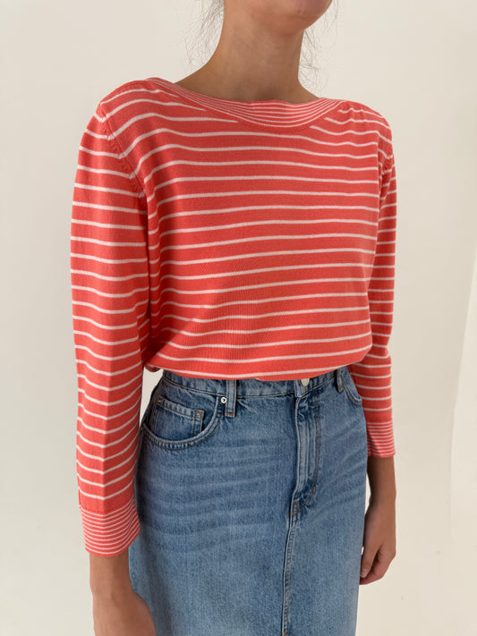 Pulover din lana merino extrafina salmon orange cu decolteu bărcuță petite